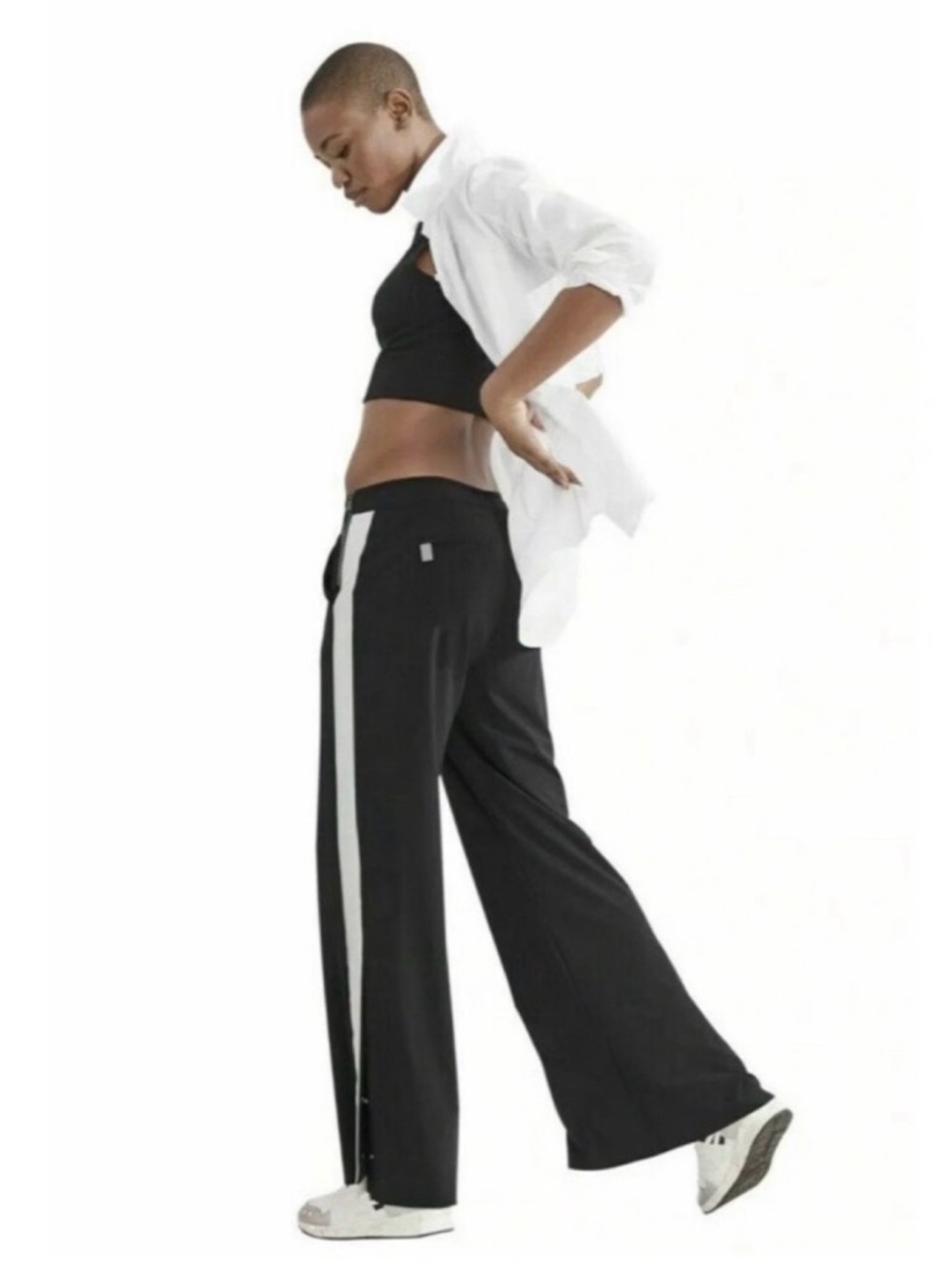 Athleta Black Wide-Leg Track Pants with Side Stripe.